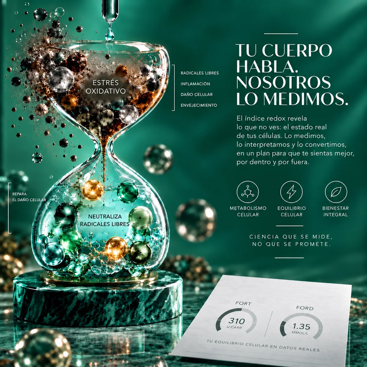Reloj de arena de cristal: arriba el estrés oxidativo en tonos oscuros, abajo el equilibrio celular en turquesa, con el texto «Tu cuerpo habla. Nosotros lo medimos»